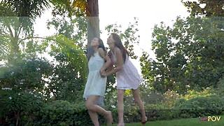 romantic outdoor sex with two brunettes fingering and sucking each other's pussies