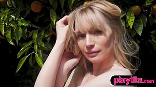 petite blonde babe rips clothes and strips at outdoor picnic, showing big ass