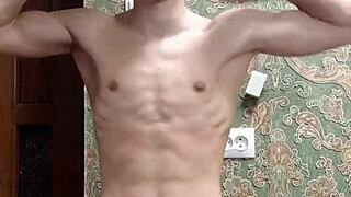Skinny boy flexes muscular body in underwear during homemade solo session