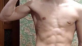 Skinny boy flexes muscular body in underwear during homemade solo session