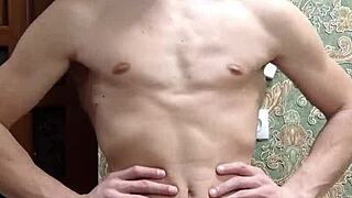 Skinny boy flexes muscular body in underwear during homemade solo session