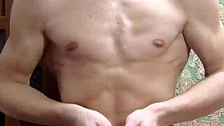 Skinny boy flexes muscular body in underwear during homemade solo session