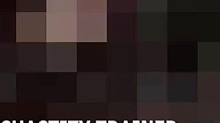 Femdom dominatrix secures submissive in chastity cage using bondage restraints to curb jerking habits