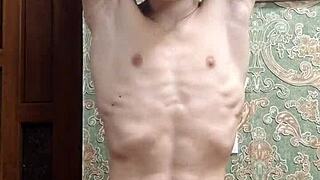 Skinny boy flexes muscular body in underwear during homemade solo session