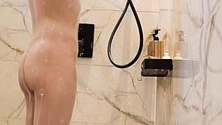 skinny japanese student bathes in college setting