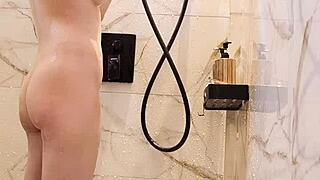 skinny japanese student bathes in college setting