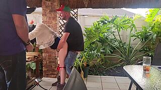 Neighbor shares wife for creampie threesome