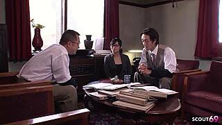 Japanese teen secretary in office costume seduces older colleague in uncensored video