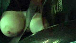 Italian milf takes solo car ride flashing juicy big tits