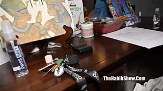 Light skinned newbie honey plays with her ebony cock