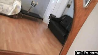 watch this teen brunette with shaved pussy and small tits groping herself in the mirror.