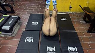 Blonde Colombian MILF Karen Sleent Teaches Naked Workout with Wet Pussy at Gym!
