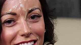 slutty model swaps cum in blowbang facial