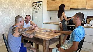 Lost his young wife at cards to a triple creampie on the kitchen table