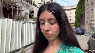 Skinny hottie lost the game and walked outdoors with substance on her face. Close-up pov amateurs.