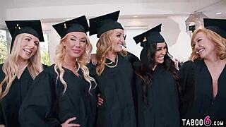 Milfs at graduation party, turning it into a wild reverse gangbang?