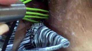 Man masturbates with daughter's thong in the kitchen, leading to assfucking and squirting.