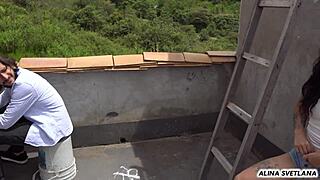 My neighbor passionately fucks me on terrace, licking ass while husband away