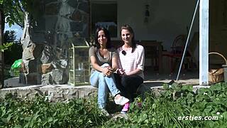 Two European brunettes enjoy outdoor activities together