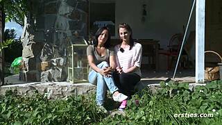 Two European brunettes enjoy outdoor activities together