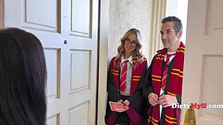 Petite Milf Said Yes To Costume Party & Secretly Took A Wand Up Her Pussy Incognito