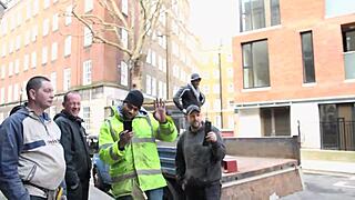 Sexy girl pisses on construction site in front of workers and flashes tits