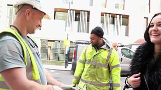 Sexy girl pisses on construction site in front of workers and flashes tits