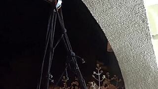 tied up to the ceiling in this madlifes scene, looks intense