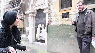 Sexy girl pisses on construction site in front of workers and flashes tits