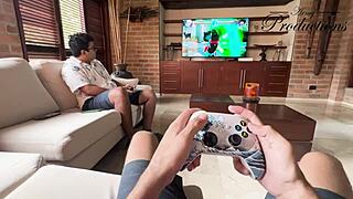 She seduces her foreign friend to fuck her big pussy without a condom