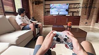 She seduces her foreign friend to fuck her big pussy without a condom