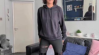 lingerie try-on with british milf in pantyhose.