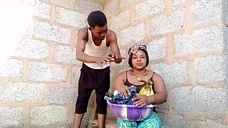 The beautiful plantain hawker sells her wares in the outdoor market with a curvy figure