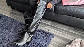 lingerie try-on with british milf in pantyhose.