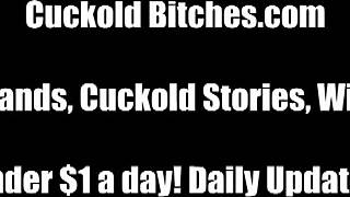 She tells her cuckold husband his small cock can't fill her up during femdom session.