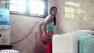 Jade teases neighbor while washing clothes, he jumps over wall and cums inside her in laundry room