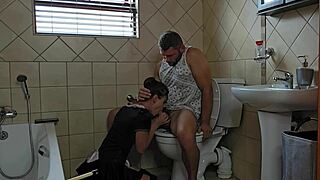 Petite slut, suck that cock on the toilet