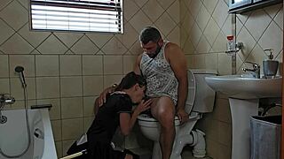 Petite slut, suck that cock on the toilet