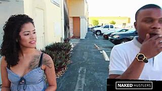 Curly haired Latina college girl sucking black dick in public for fun