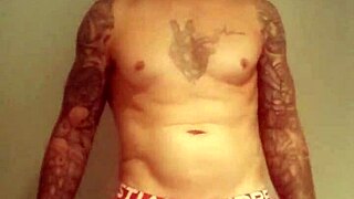 Amateur guy with blue eyes flashes his big cock in a public shower after lockup.