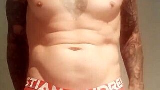 Amateur guy with blue eyes flashes his big cock in a public shower after lockup.