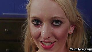 naughty hottie gets a jizz load on her face and swallows all the cream