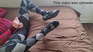 Shemale Jerking Off in Plaid Dress and Argyle Tights