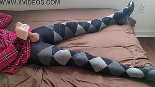Shemale Jerking Off in Plaid Dress and Argyle Tights