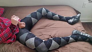 Shemale Jerking Off in Plaid Dress and Argyle Tights