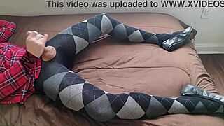 Shemale Jerking Off in Plaid Dress and Argyle Tights