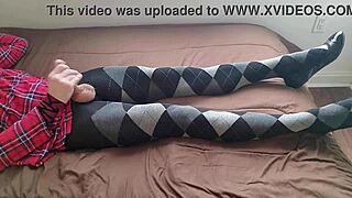 Shemale Jerking Off in Plaid Dress and Argyle Tights