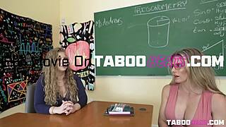 Teen kisses the teacher during parent-teacher meeting.