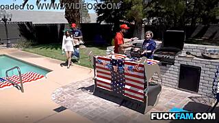 Stepmom fainted watching stepdaughter fuck husband and stepson.