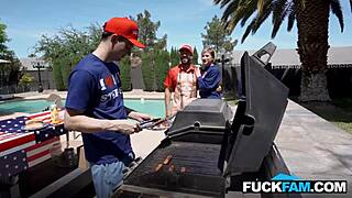 Stepmom fainted watching stepdaughter fuck husband and stepson.